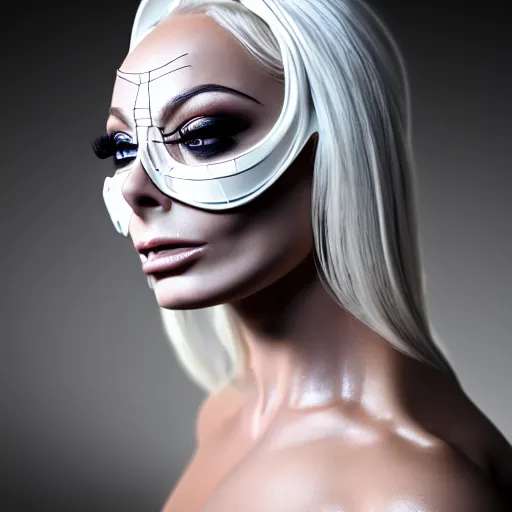 Image similar to ultra detailed, beautiful natural light, studio lights, rim light, isabelledeltore wearing a white mask with black wires on her head, featured on behance, net art, made of wire, 5 0 mm lens, elegant, hyper realistic, ultra detailed, octane render, volumetric lighting, 8 k post - production