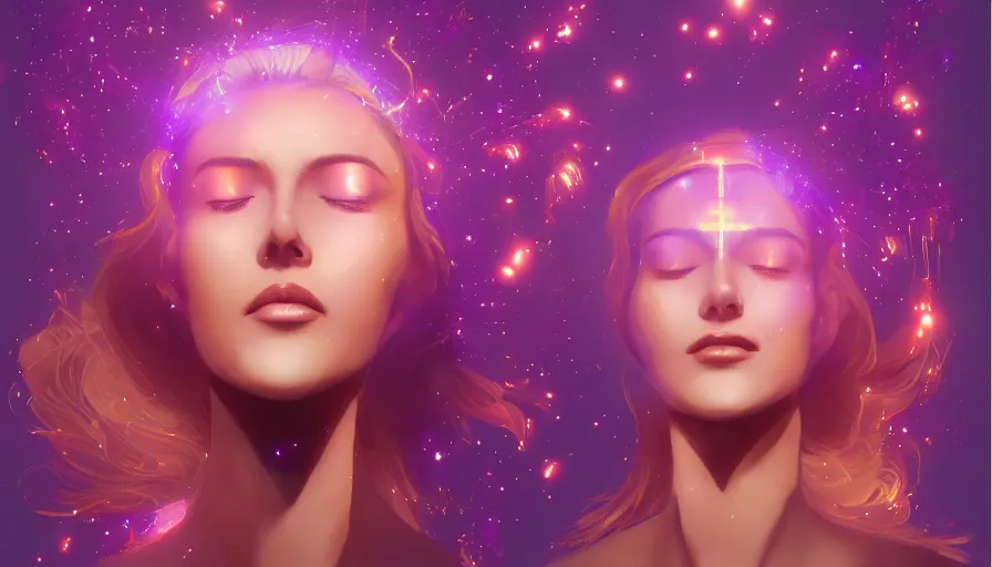 Image similar to a golden woman, eyes closed, glowing lavender aura, head expanding into pieces, laser beaming from the sky into the top of her head, half body, in space, concept art, artstation