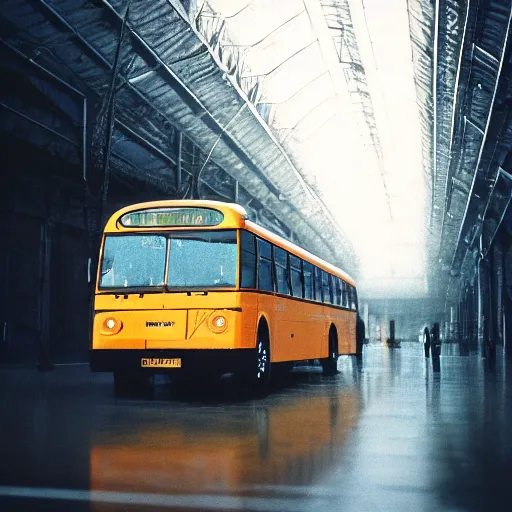 Image similar to 1990s perfect 8K HD professional cinematic photo of a bus in dystopian hangar, at evening during rain, at instagram, Behance, Adobe Lightroom, with instagram filters, depth of field, taken with polaroid kodak portra