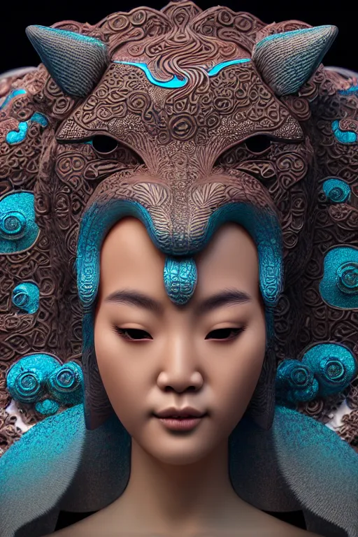 Image similar to 3 d goddess close - up profile portrait. beautiful intricate highly detailed korean fox mask and traditional korean hanbok. stingray, magpie, bio luminescent, plasma, lava, ice, water, wind, creature, artwork by tooth wu and wlop and beeple and greg rutkowski, octane 3 d render