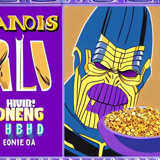 Prompt: thanos eating cereal, advertisement,