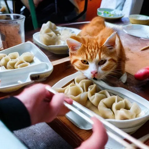 Image similar to a cat eating dumplings