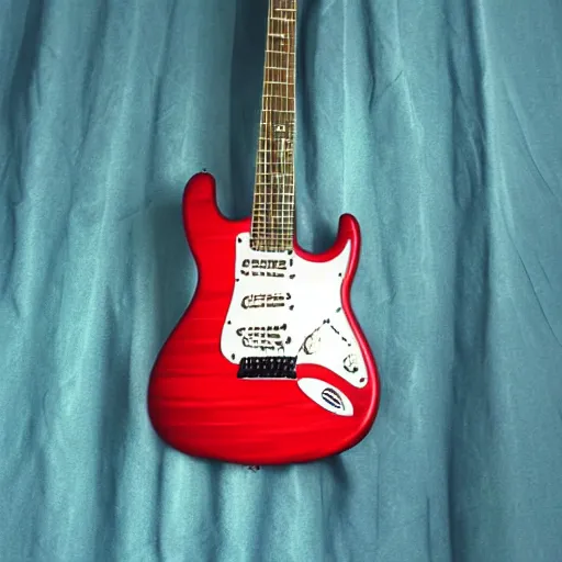 Prompt: electric guitar with a red and white swirl paint finish