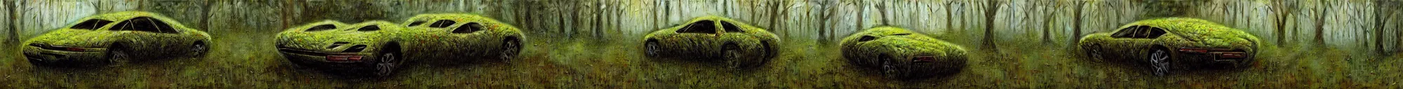 Image similar to hyper realistic painting of an abandoned Supercar covered with moss, an Australian summer landscape, by Zdzislaw Beksinski