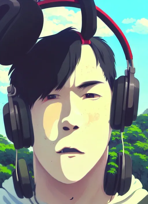 Prompt: portrait of gorilla, sunny sky background, lush landscape, illustration concept art anime key visual trending pixiv fanbox by wlop and greg rutkowski and makoto shinkai and studio ghibli and kyoto animation, symmetrical facial features, black t shit, red headphones, ripped jeans, backlit, aerodynamic frame, gta 5