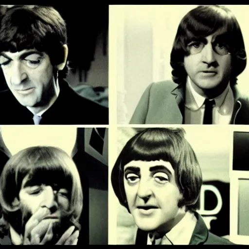 Prompt: stills from puppets movie by gerry anderson aboutt the beatles, vintage film, 1 9 6 0 s