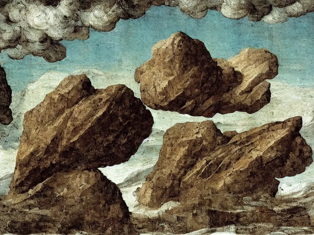 Image similar to dream bot mothership crashed into the icy mountains, wind sculpted boulder. painting by leonardo da vinci