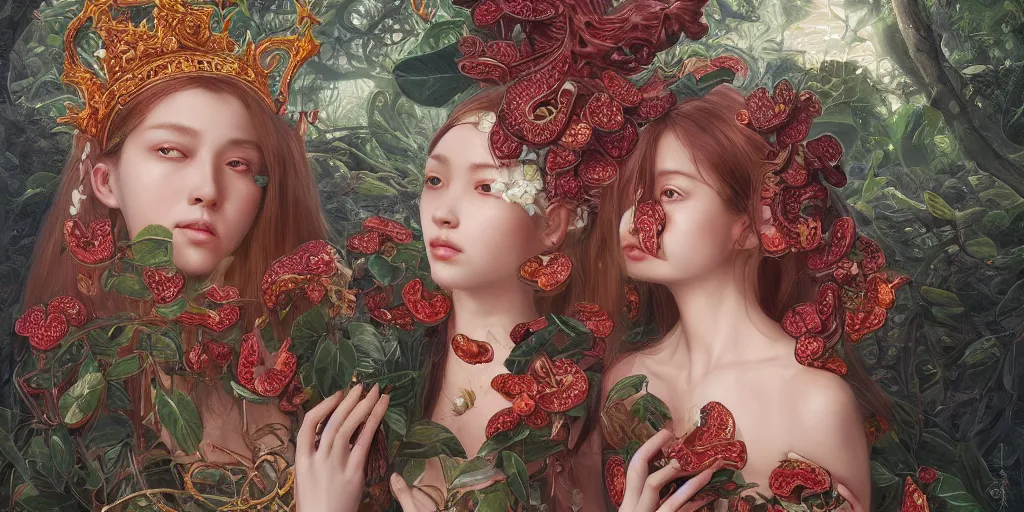 Image similar to breathtaking detailed concept art painting of the goddess of rafflesia arnoldii flowers, orthodox saint, with anxious, piercing eyes, ornate background, amalgamation of leaves and flowers, by Hsiao-Ron Cheng, James jean, Miho Hirano, Hayao Miyazaki, extremely moody lighting, 8K