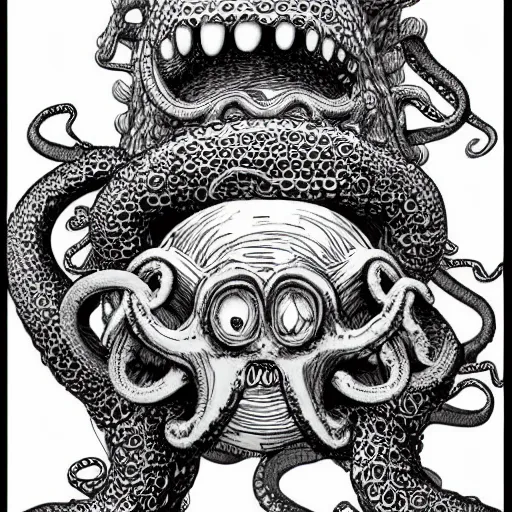 Image similar to A tentacle monster with faces of Mickey Mouse by Kentaro Miura, highly detailed, black and white