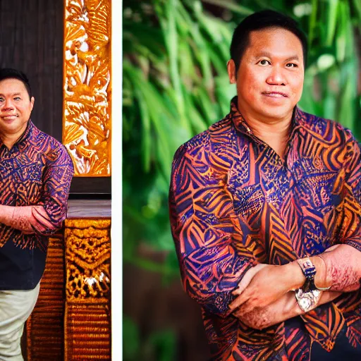 Image similar to A Photo Portrait of Joe Wearing Indonesian Batik Tulis at a fancy Balinese restaurant, award winning photography, sigma 85mm Lens F/1.4, blurred background, perfect faces