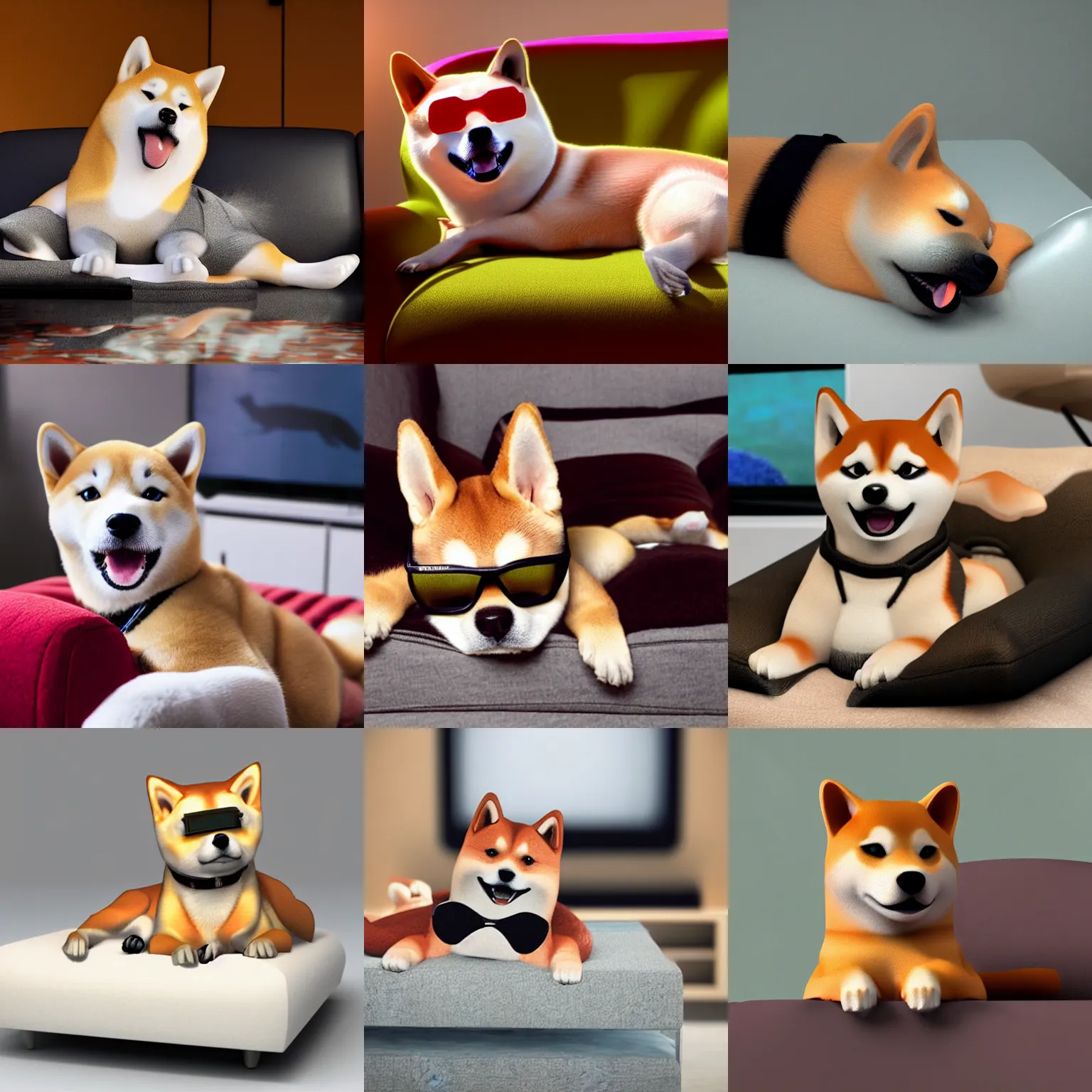 Prompt: shiba inu lying in a lazy boy sofa watching movie with 3 d glasses, photorealistic