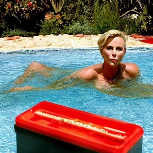 Prompt: charlize theron swimming in a pool filled with catsup