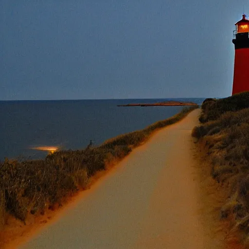 Prompt: A road leading to the lighthouse,dusk, by Ghibili