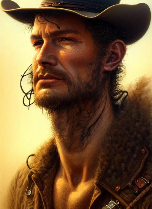 Image similar to closeup portrait shot of a cowboy in nature in a scenic dystopian environment, intricate, elegant, highly detailed, centered, digital painting, artstation, backlit, concept art, smooth, sharp focus, illustration, artgerm, tomasz alen kopera, peter mohrbacher, donato giancola, joseph christian leyendecker, wlop, boris vallejo