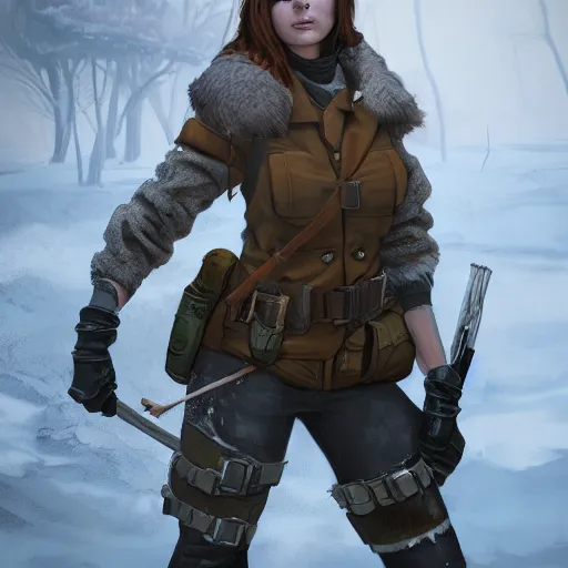 Image similar to A comic book style portrait painting of a stunning young woman ranger in a post apocalyptic winter landscape, unreal 5, DAZ, hyperrealistic, octane render, RPG portrait, ambient light, dynamic lighting