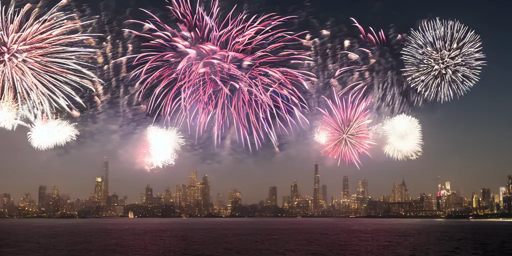 Image similar to amazing fireworks, view from ellis island, 4 th of july. sony a 7, f / 2. photography. photorrealism. high quality. high fidelity.