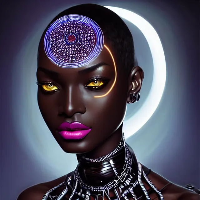 Image similar to african supermodel woman turning into an android portrait, dark surrealism, scifi, intricate, ornate, elegant, sharp eyebrows, platinum hair, highly detailed cybernetic body, neon glowing eyes, digital painting, artstation, concept art, smooth, sharp focus, illustration, art by artgerm and moebius and alphonse mucha
