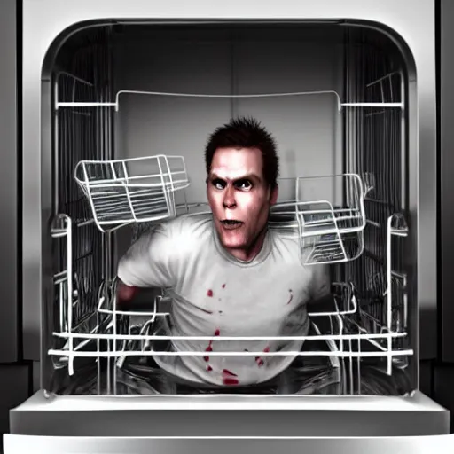 Image similar to jerma 3 4 5 1 stuck in the dishwasher he can't get out, realistic, hdr, clear image, hdd, dynamic lighting,