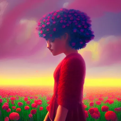 Image similar to head made of carnations flower, girl standing in a vast flower field, surreal photography, sunrise dramatic light, impressionist painting, colorful clouds, large sky, digital painting, artstation, simon stalenhag, flower face