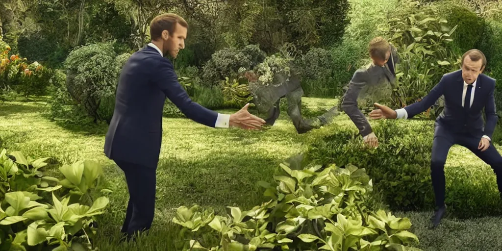 Prompt: emmanuel macron fighting vladimi putin in eden's garden, natural lighting, realistic, cinematic, close shot, stolen footage, octane render