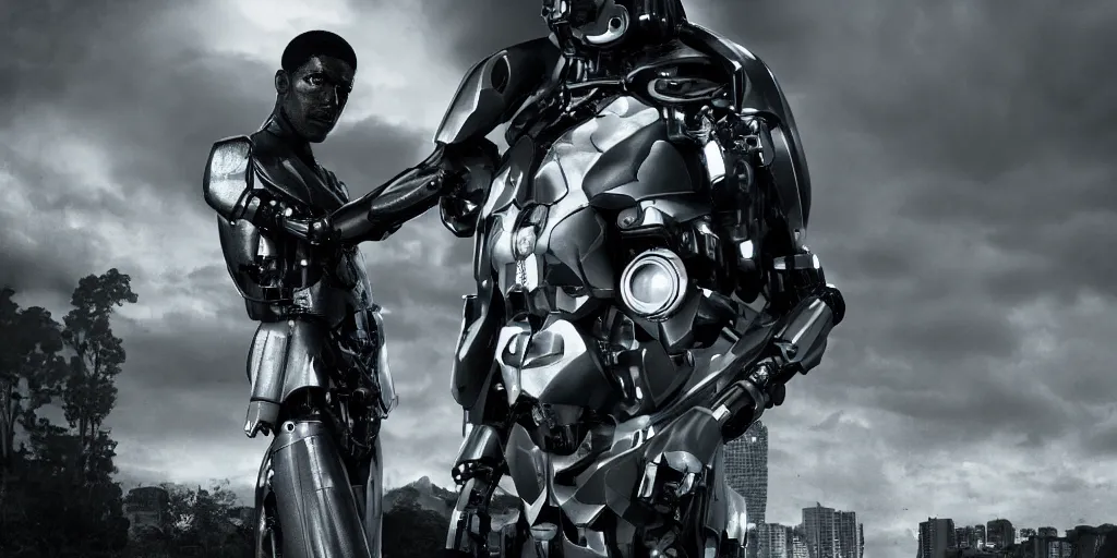 Image similar to a science fiction film still of a black man starring as a cyborg, award winning cgi, vfx, surrealism, film photography