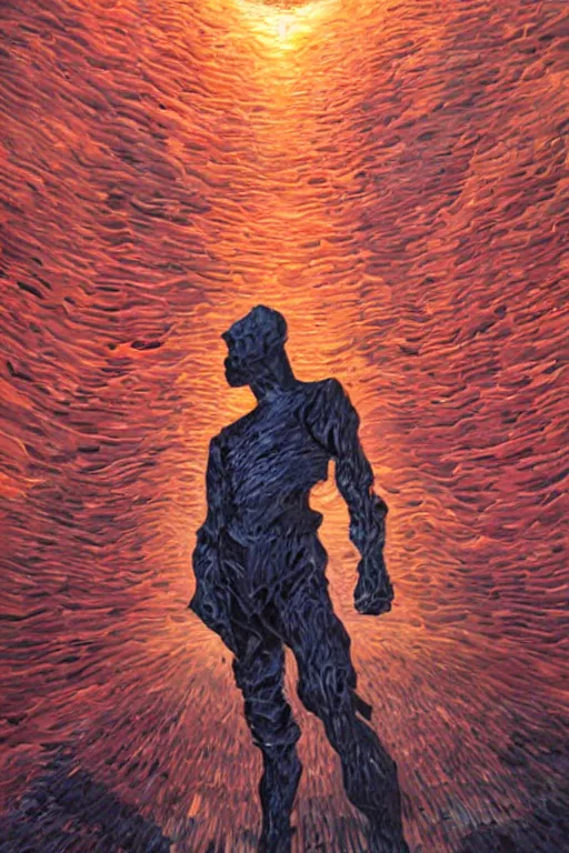 Image similar to realistic 8k Umberto Boccioni Sculpture of random jagged reflective metal pieces forming the shape of a person silhouetted by a bright red sun, volumetric god rays, glinting metal, neon colors, cyberpunk, smooth, sharp focus, 24mm lens, DOF, hyper realistic, art by Greg Rutkowski and Ruan Jia and Giger