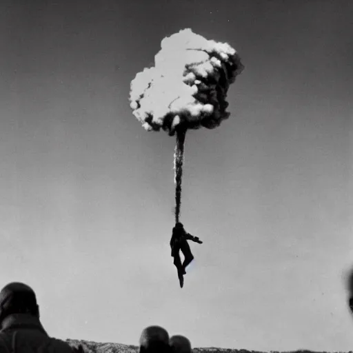 Image similar to atomic bomb being dropped on man looking up