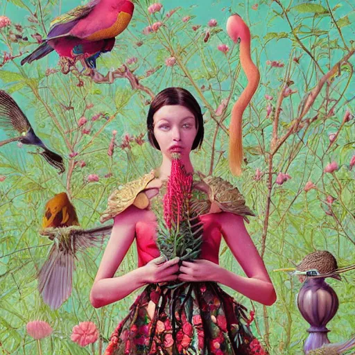 Image similar to pretty model with botanical and birds : : by martine johanna and simon stalenhag and chie yoshii and casey weldon and wlop : : ornate, dynamic, particulate, rich colors, intricate, elegant, highly detailed, vogue, harper's bazaar art, fashion magazine, smooth, sharp focus, 8 k, octane render