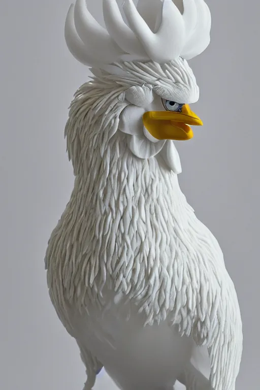 Image similar to full head and shoulders, realistic bjork porcelain rooster sculpture, smooth, delicate facial features, white eyes, white lashes, detailed white, lots of 3 d gold, all white features on a white background, by daniel arsham and james jean