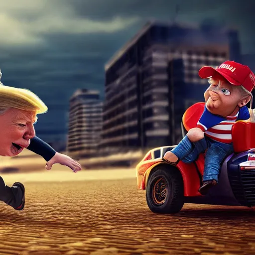 Prompt: trump chasing a child, octane render, highly detailed, hyper realistic.