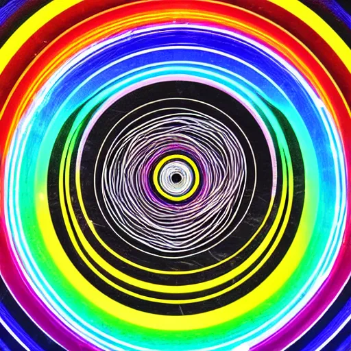 Image similar to Guitar strings reverberating rainbows out into space, retro futuristic, detailed