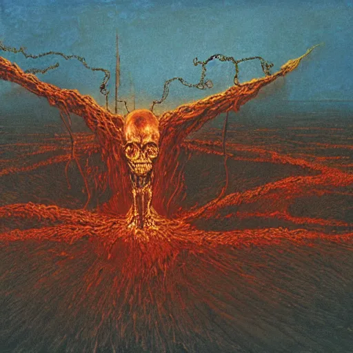 Image similar to A skeleton demon in flames made of ethernet cables floating above a lake of fire in Hell, small crosses floating in the background, by Beksinski