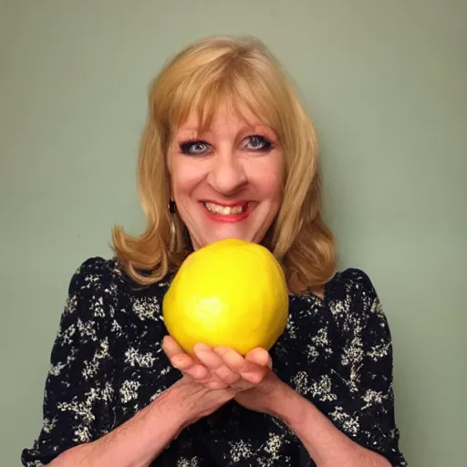 Prompt: Jill Tyrell from nighty night holding a lemon