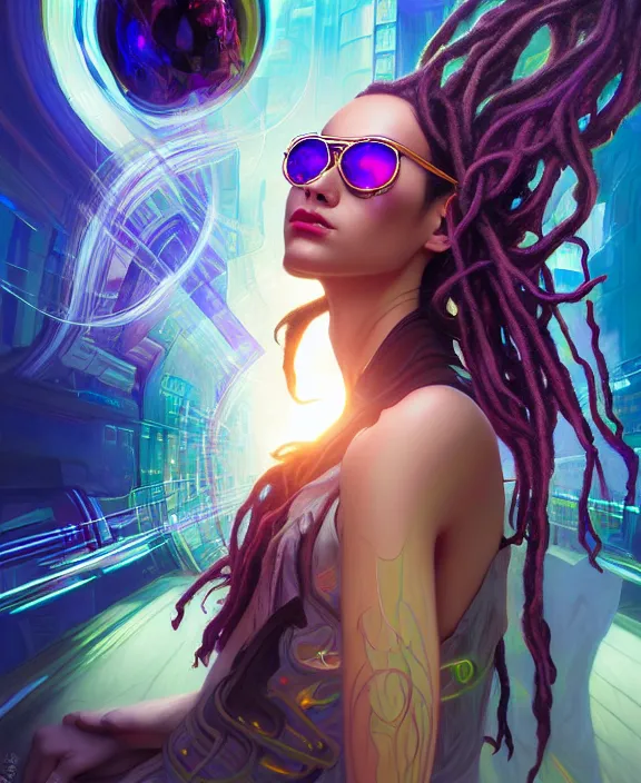 Prompt: a whirlwind of souls rushing inside the metaverse, hologram, half body, dreads, sunglasses, jewelry, android, cyborg, cyberpunk face, by loish, d & d, fantasy, intricate, elegant, highly detailed, colorful, vivid color, digital painting, artstation, concept art, art by artgerm and greg rutkowski and alphonse mucha
