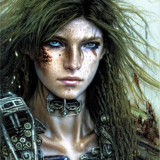 Image similar to an award finning closeup facial portrait by luis royo and john howe of a very beautiful and attractive female bohemian cyberpunk traveller aged 1 5 with green eyes and freckles in clothed in excessively fashionable cyberpunk gear and wearing ornate warpaint