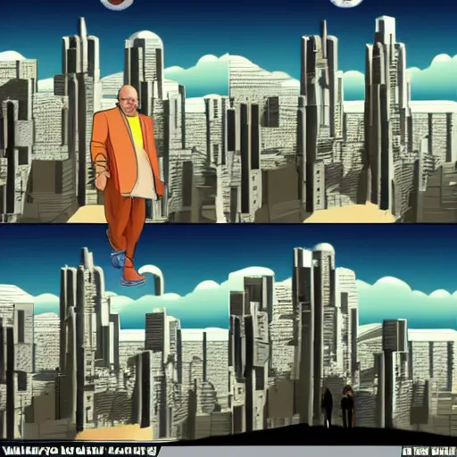 Image similar to walter white walking around in a futuristic city, made of fractals