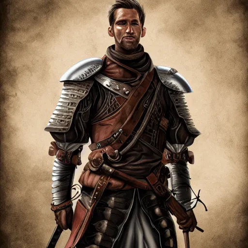 Prompt: realistic portrait, 30 year old man :: athletic, fantasy soldier, medieval leather armour, brown clothes :: high detail, digital art, RPG, concept art, illustration
