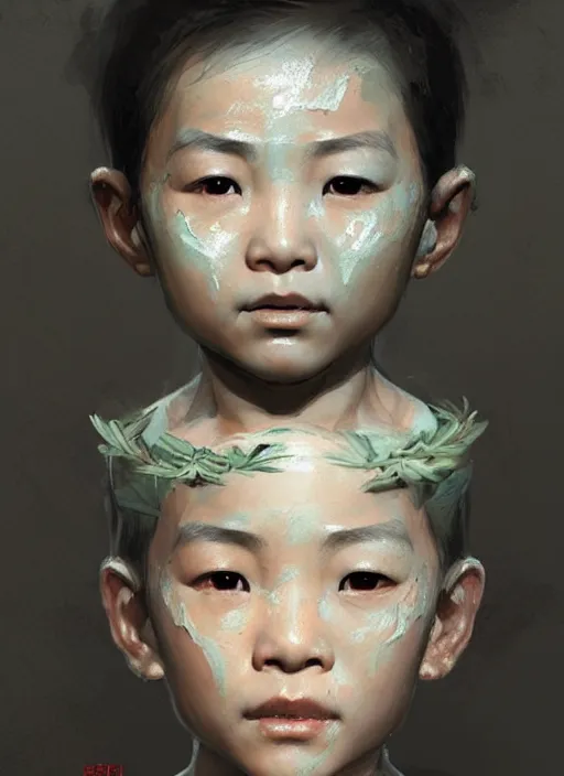 Image similar to a portrait of an oriental sage child with an enormously large head, an ancient pale sage child with subtle paint on face, highly detailed, digital painting, artstation, concept art, intricate, elegant, smooth, sharp focus, art by wlop, mars ravelo and greg rutkowski and craig mullins