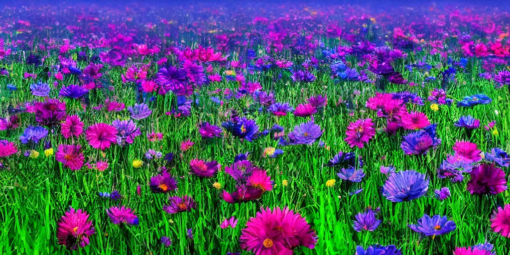 Prompt: on a sunny day, a field full of flowers, in the style of Beeple