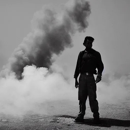 Prompt: a frame of a man on top of a tank surrounded by smoke. violent. objects in bangalore, peru, super hero, and hot cuba.