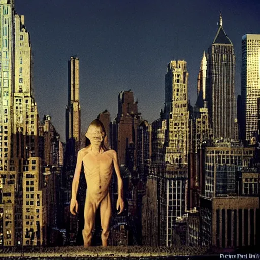 Prompt: gollum taller than the buildings in new york, by peter jackson, photographic still, intense, at night