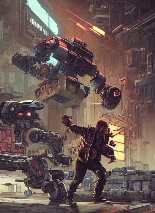 Prompt: Dumb Thug. Buff cyberpunk meathead fighting a small robot. Realistic Proportions. Epic painting by James Gurney and Laurie Greasley. Moody Industrial setting. ArtstationHQ. Creative character design for cyberpunk 2077.