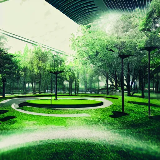 Image similar to modern green area park, cyberpunk, 4k cinema effect,