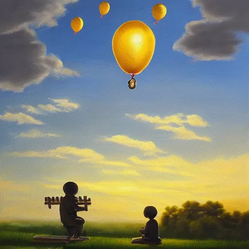 Prompt: eye - level view, shot from 5 0 feet distance, baby yoda plays is on a seesaw at a tranquil city park. a balloon vender sells balloons in the background. depth, dramatic clouds, setting sun. golden hour, oil on canvas painting, detailed, depth, volume, chiaroscuro, quiet intensity, serene.