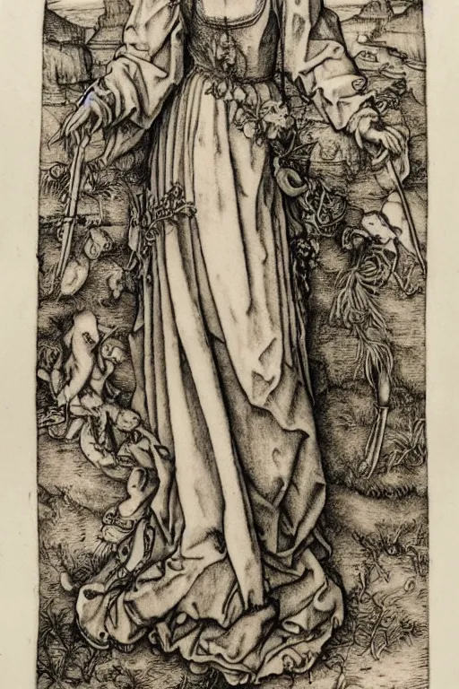 Image similar to albrecht durer, albrecht altdorfer, hans holbein, lucas cranach, gustave dore, engraving-style tattoo of regal female boddhisatva with the attributes of Diana, Athena, Guanyin, Shakti, Isthar, Deborah, and Seshat, wearing a robe, standing gracefully upon a lotus, surrounded by egrets and northern wetland flora