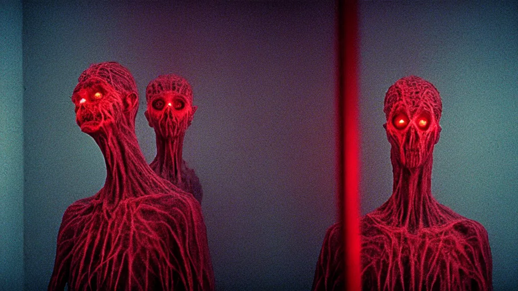 Image similar to the creature at the doctor's office, made of glowing wax and blood, they stare at me, film still from the movie directed by denis villeneuve and zdzisław beksinski with art direction by salvador dali, wide lens