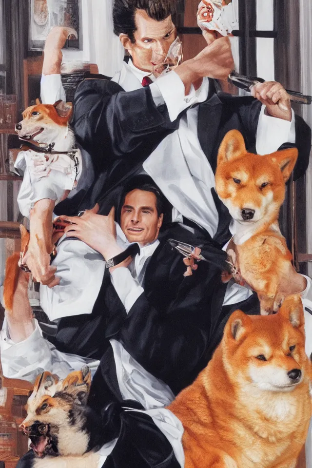 Image similar to a highly detailed portrait of patrick bateman from american psycho holding a shiba inu in his arms, hyperrealistic, highly detailed, 8 k, canon 2 4 mm f / 1. 4 lens,