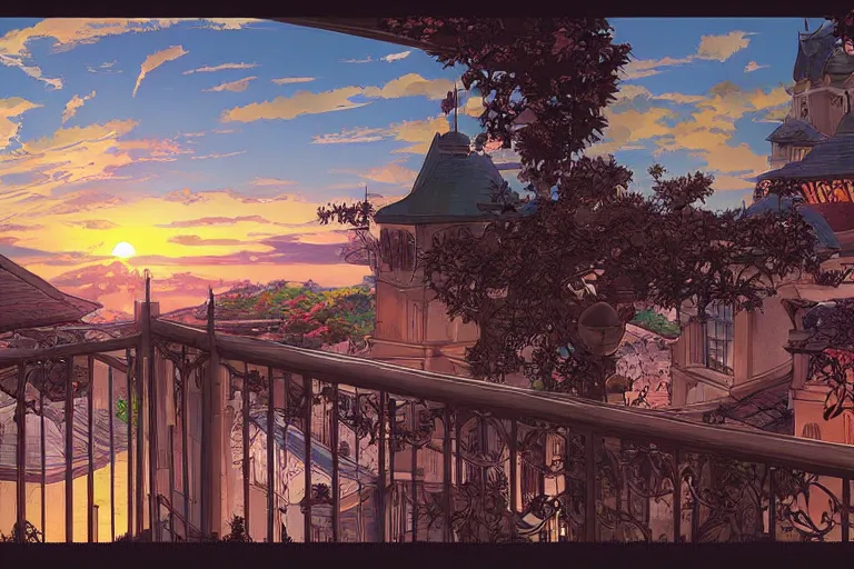anime digital art view from castle balcony sunset | Stable Diffusion |  OpenArt