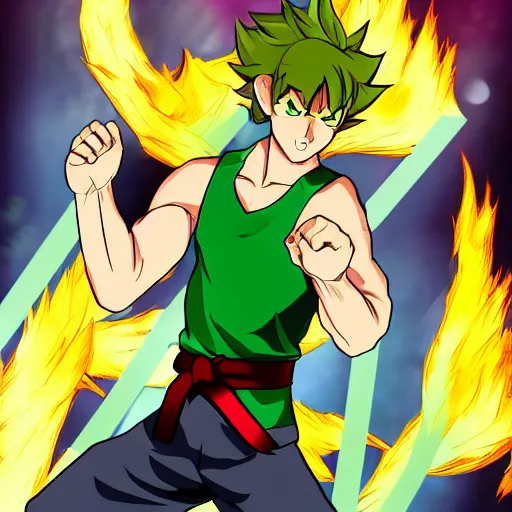 Prompt: Shaggy Rogers dressed like martial artist (as a legendary super sayian 2) in the style of slice of life anime trending on artstation deviantart Pinterest detailed High Resolution HD 8k