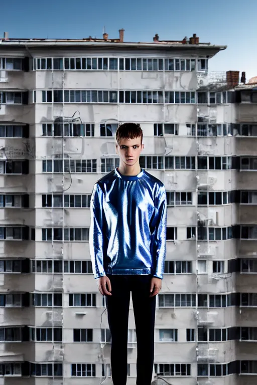 Image similar to un ultra high definition studio quality photographic art portrait of a young man standing on the rooftop of a british apartment building wearing soft padded silver pearlescent clothing. three point light. extremely detailed. golden ratio, ray tracing, volumetric light, shallow depth of field. set dressed.